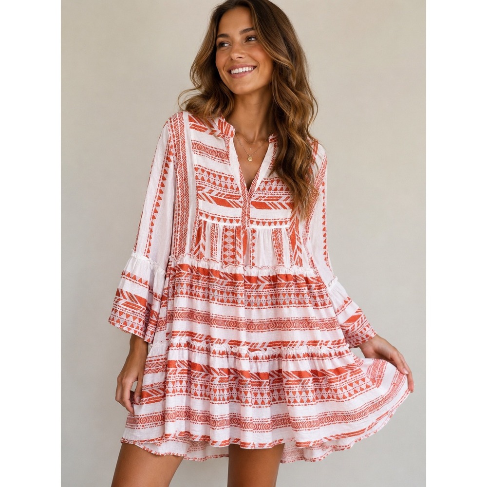 Elan Orange White Embroidered Tiered Mini Dress Boho Bell Sleeve CNE5570 Medium